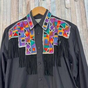Vintage Western 80s Embellished Glitter Fringe Button Down Shirt Colorful Mens L